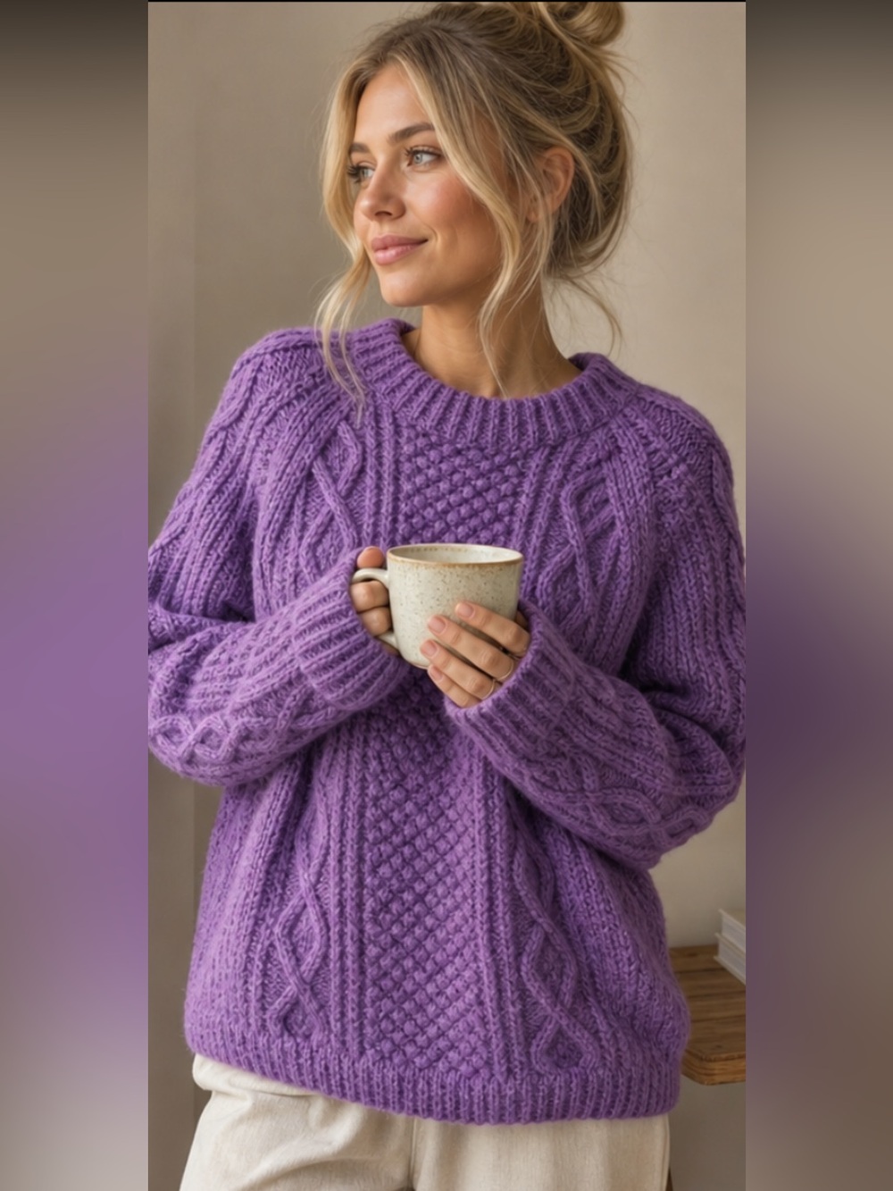 Vintage Kennedy Of Ardara Cozy Cable Knit Sweater - Lavender Purple. Size L